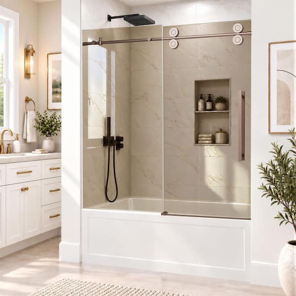 Velusian 56-60 in. W x 60in. H Single Sliding Frameless Tub Shower Door ...