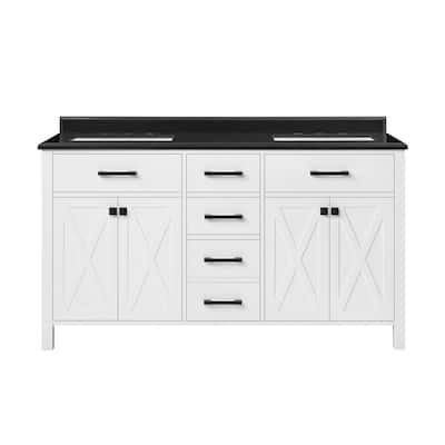 Ainsley 60 in. W x 22 in. D Vanity in White with Granite Vanity Top in Black with White Basins
