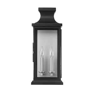 Brooke 8.24 in. W x 20 in. H 2-Light Black Hardwired Outdoor Wall Lantern Sconce with Clear Glass
