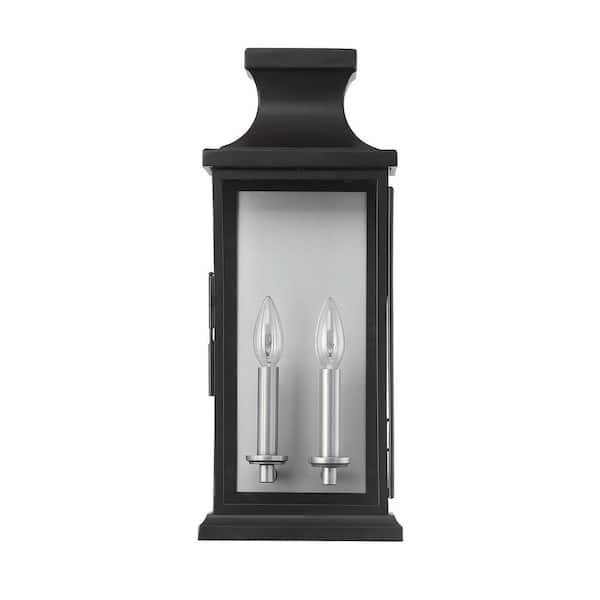 Savoy House Brooke 8.24 in. W x 20 in. H 2-Light Black Hardwired Outdoor Wall Lantern Sconce with Clear Glass