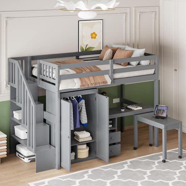Harper & Bright Designs Multifunctional Gray Twin Size Wood Loft Bed with Stairs, Bookshelf, Drawers, Desk, Wardrobe