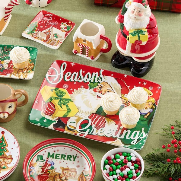 Santa's Retro Christmas 16 in. Rectangular Assorted Colors Ceramic Platter