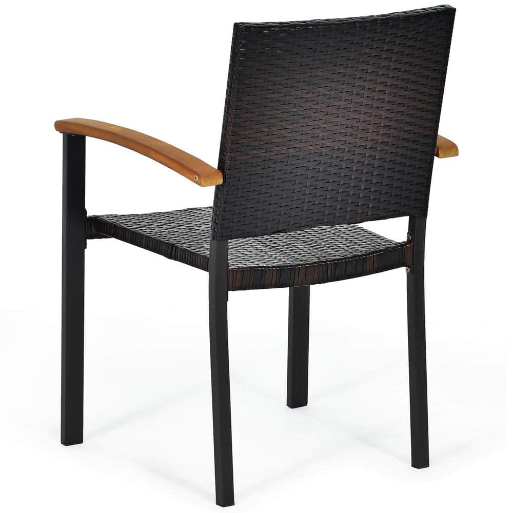 Rustic Wicker Dining Armchair with Cushions and Acacia Wood Armrests