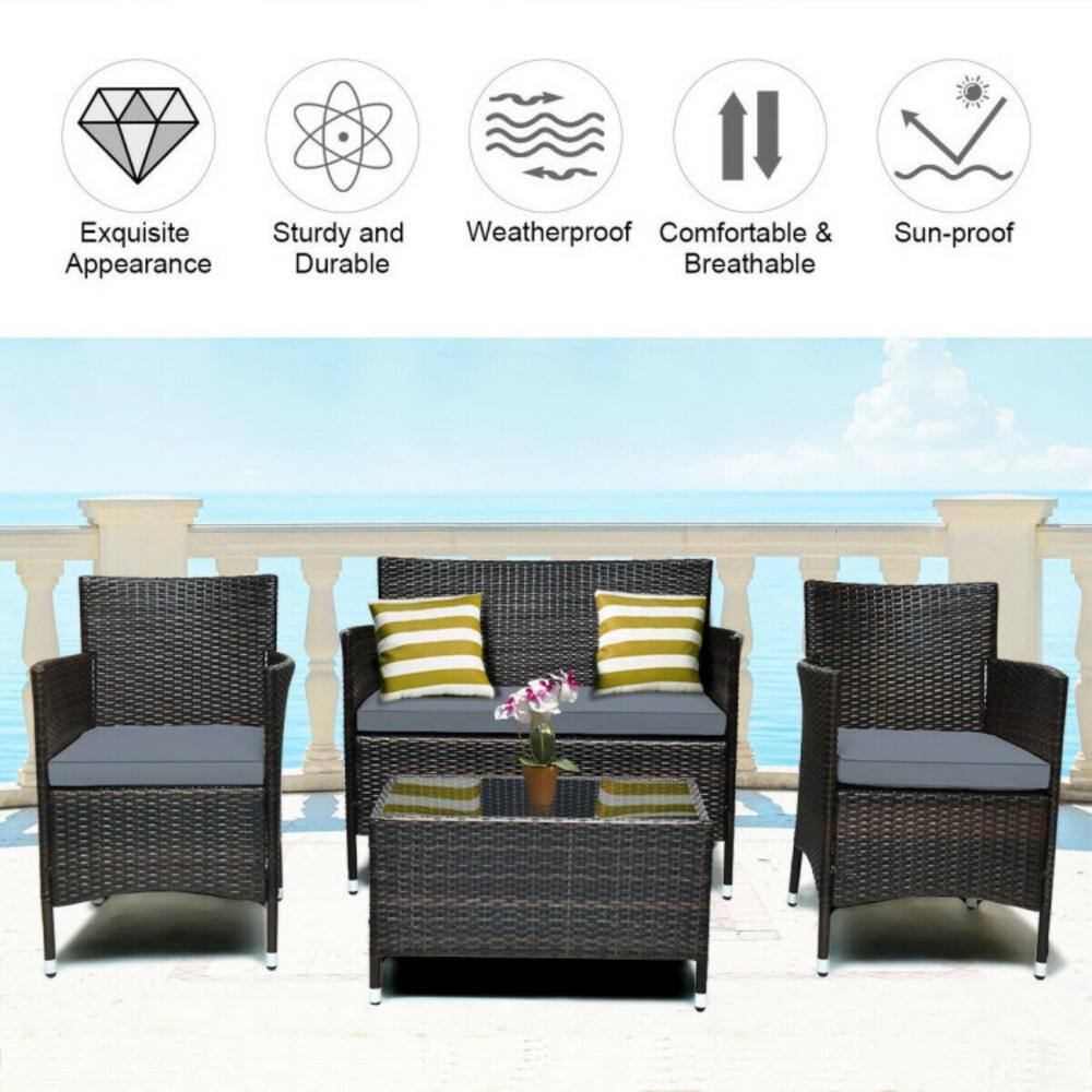 4-Piece Gray Rattan Wicker Patio Sofa Set with Cushions and Coffee Table