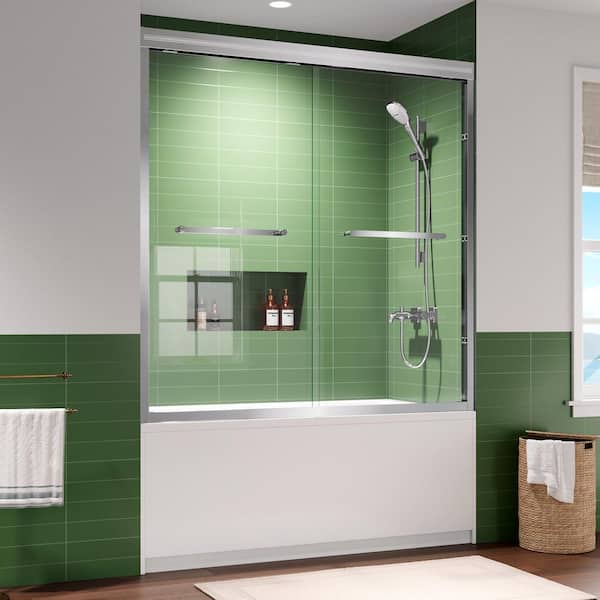Reversible 56-60 in. W x 60 in. H Framed Double Sliding Tub Door in Chrome Finish with Clear Glass and Towel Bar