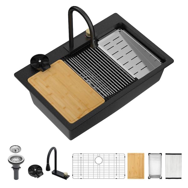 33 in. Drop-In Single Bowl Black Granite Composite Kitchen Sink Workstation Set with Waterfall Faucet and Cup Washer