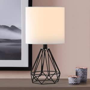 15.5 in. Black Modern Cage Table Lamp with White Fabric Shade