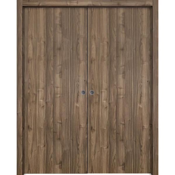 Sartodoors 60 in. x 84 in. 2 Panel Walnut Finished Solid Wood with Honeycomb Sliding Door with Hardware