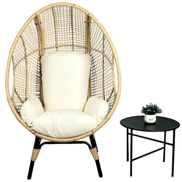 Zeus & Ruta 2-Piece Natural Wicker Outdoor Bistro Set with Beige Cushion, Egg Chair and Side Table, Water and Sun Resistance