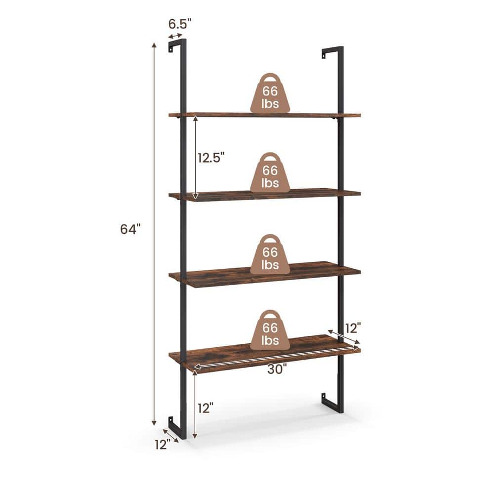 Rustic Brown 4-Tier MDF and Metal Ladder Bookshelf