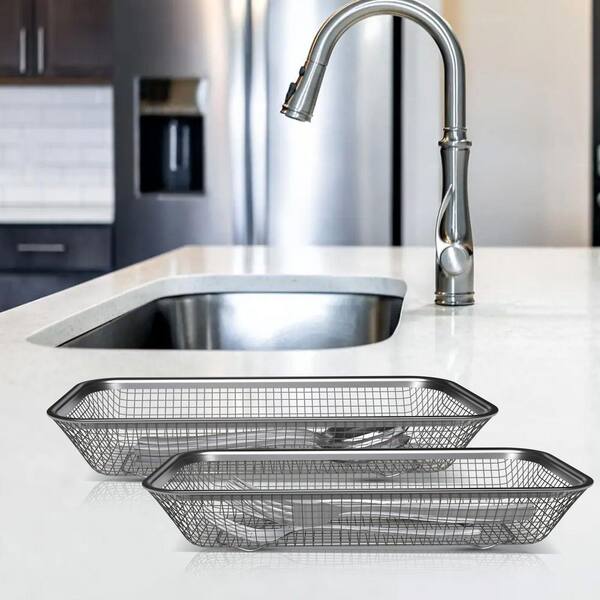 Silver Stainless Steel Utensil Drying Rack 2 Pack with Drainer Basket for Forks Spoons Knives Chopsticks
