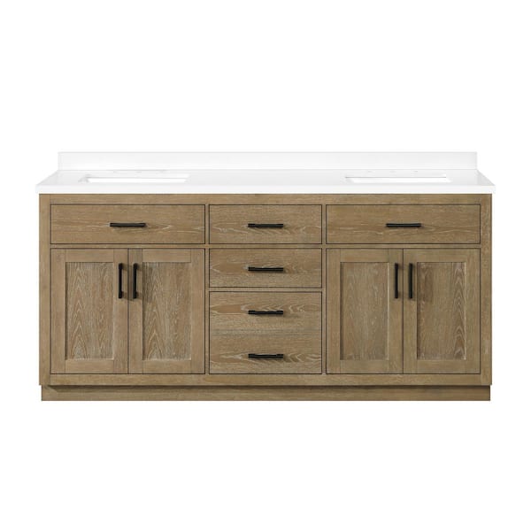 Bailey 72 in. Double Sink Driftwood Oak Bath Vanity with White Quartz Top and Integrated Power Outlet (Assembled)