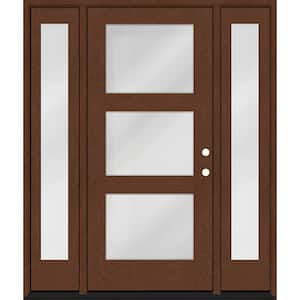 Regency 64" x 80" Modern 3 Lite Equal Clear Glass LHIS Chestnut Mahogany Fiberglass Prehung Front Door w/Dbl 12" SL