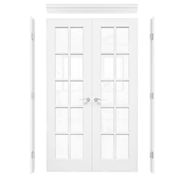 48 in. x 80 in. 10-Lite Clear Glass Universal White Solid Core Wood Ready to Assemble French Door with Separate Jamb