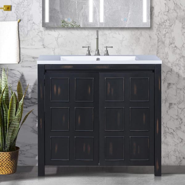 ANGELES HOME 36 in. W x 18 in. D x 34 in. H Single Sink Freestanding Bath Vanity in Espresso with White Resin Top