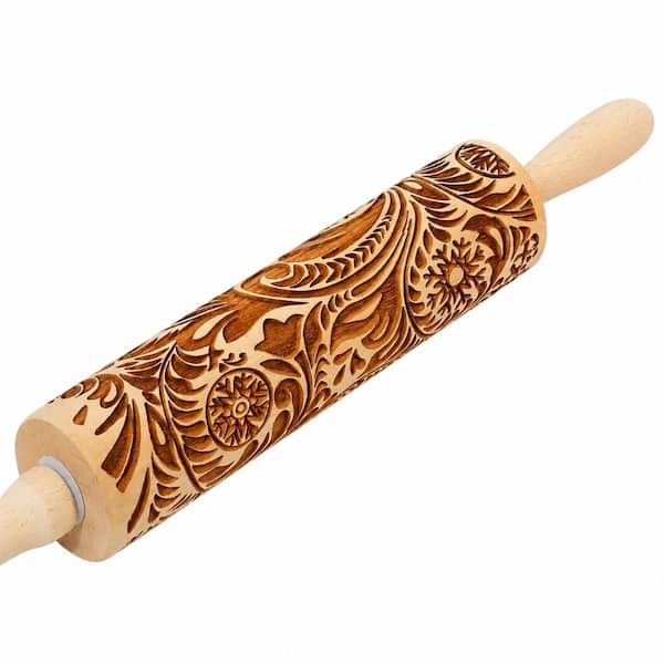 15 in. Natural Beech Wood Laser-Engraved Embossed Rolling Pin with Flower, Snowflake, and Paisley Pattern
