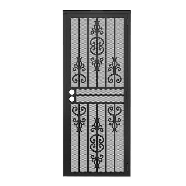 32 in. x 80 in. Universal/Reversible Hinging Black-Ornamental Surface Mount Steel Security Door w/ Expanded Metal Screen