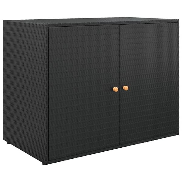 Modern 35 gal. Black and Brown Acacia Wood and Rattan Outdoor Deck Box