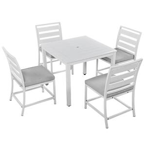 White 5-Piece Acacia Wood Rectangular Outdoor Dining Set with Steel Frame, Umbrella Hole and Gray Cushions
