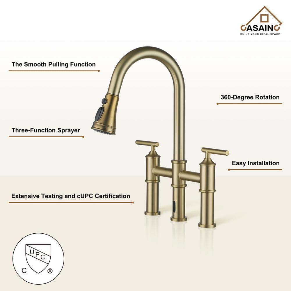 Brushed Gold Double Handle Pull-Out Spray Kitchen Faucet