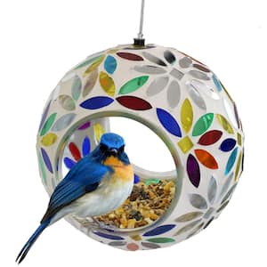6 in. Rainbow Daisies Mosaic Glass Fly-Through Hanging Bird Feeder