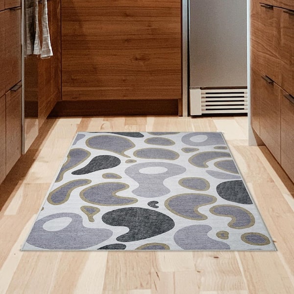 Kyoa Grey Olive 3 ft. x 5 ft. Abstract Washable Area Rug