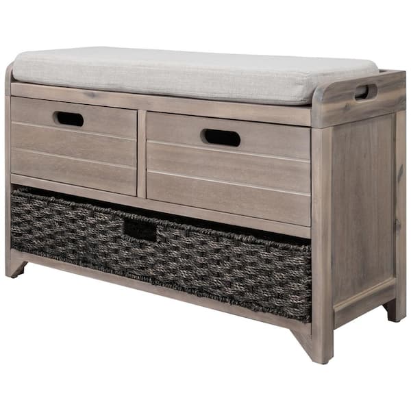 Z-joyee White Washed Rustic Storage Gray Wash Bench with 3-Drawers 32 in. W x 20 in. H x 11.8 in. D