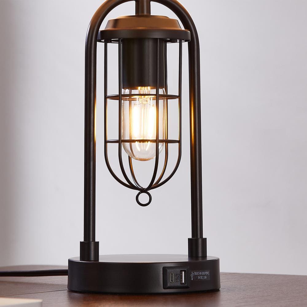 21.5'' Black Metal Table Lamp Set with USB Ports and Lantern Night Light