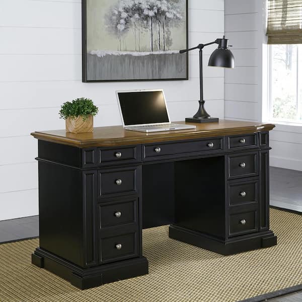 HOMESTYLES 56 in. Rectangular Black 7 Drawer Executive Desk with Keyboard Tray