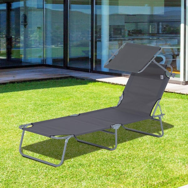 Folding Steel Outdoor Lounge Chair with Adjustable Backrest and Awning in Gray for Beach, Camping, Backyard
