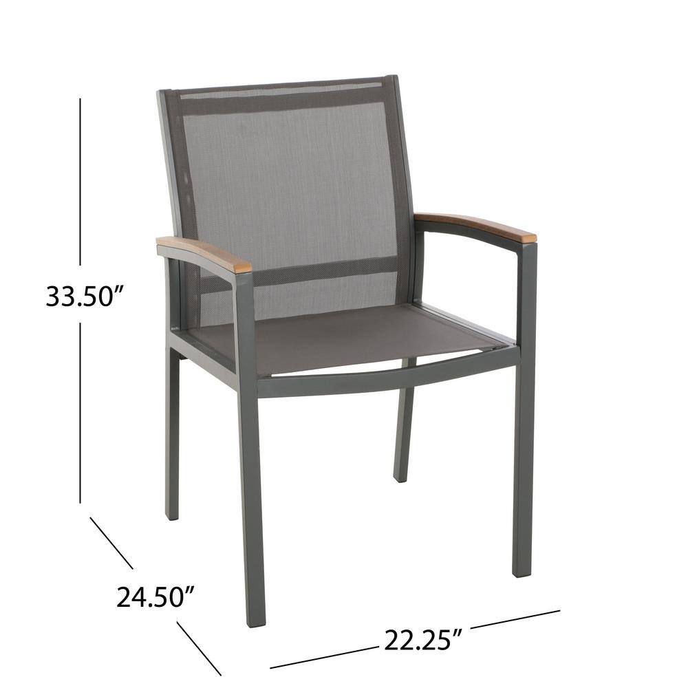 Gray and Natural Brown Aluminum Outdoor Dining Chairs with Faux Wood Accents, Set of 4