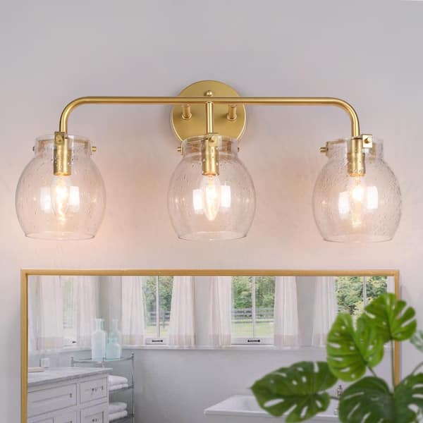 Zevni Modern Bathroom Vanity Light, 22 in. 3-Light Gold Bath Lighting for Mirrors, Farmhouse Globe Seeded Glass Wall Sconce