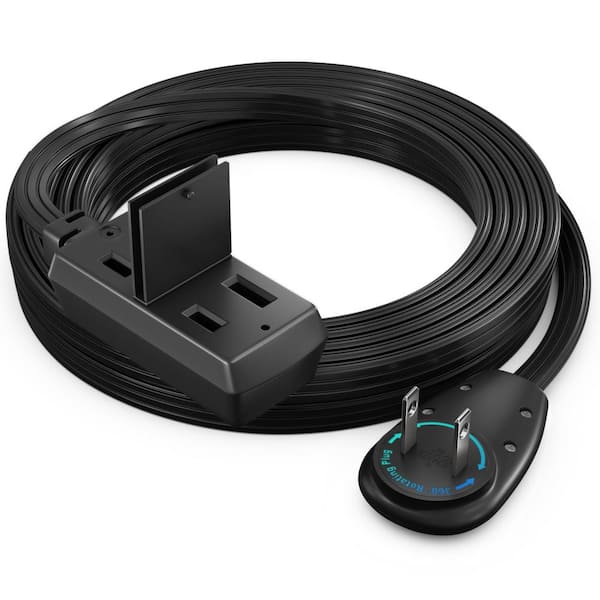 MAXIMM 10 ft. 16/2 Light Duty Indoor Extension Cord 360° Rotating Flat Plug 2-Prong Flat Wire with Cover, Black