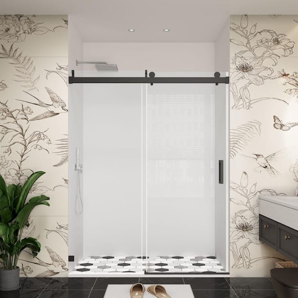 YINVANI 60 in. W x 79 in. H Single Sliding Frameless Soft-Closing Shower Door in Matte Black with Easy-Clean 3/8 in. Glass