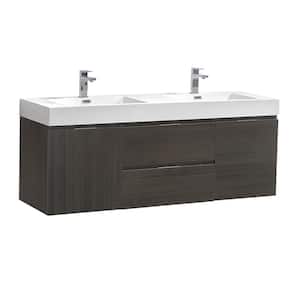 Valencia 60 in. W Wall Hung Bathroom Vanity in Gray Oak with Double Acrylic Vanity Top in White
