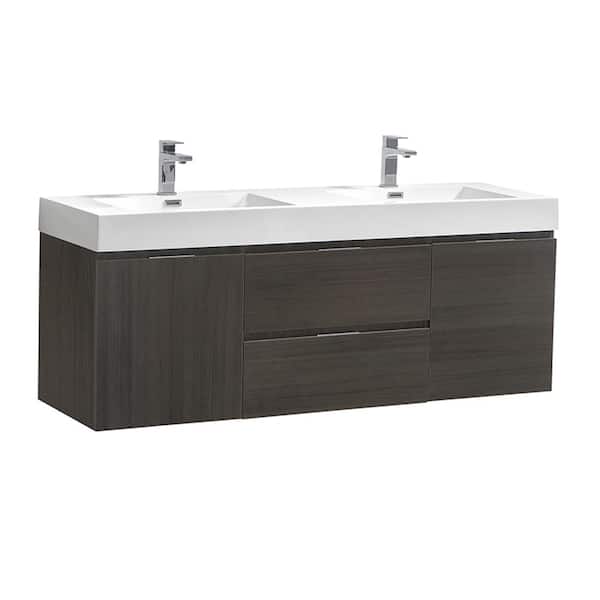 Fresca Valencia 60 in. W Wall Hung Bathroom Vanity in Gray Oak with Double Acrylic Vanity Top in White