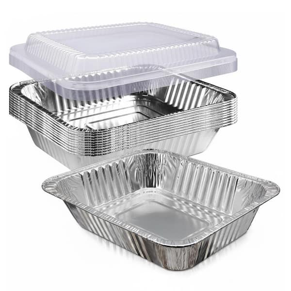 9 qt. Silver Aluminum Foil Broiler Safe Baking Pan with Clear Lid Disposable Food Container 10 Pack
