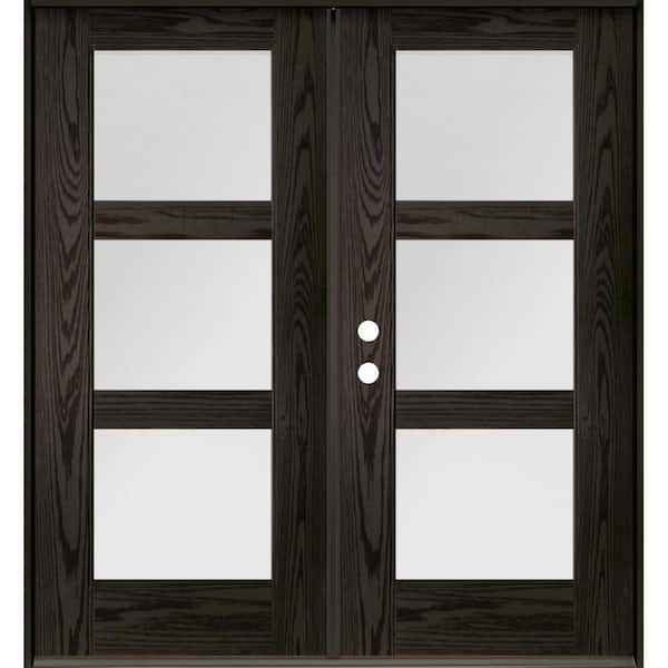 Krosswood Doors Modern 72 in. x 80 in. 3-Lite Right-Active/Inswing Satin Glass Baby Grand Stain Double Fiberglass Prehung Front Door