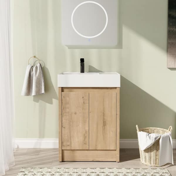 24 in. Freestanding Single Oak Bath Vanity with White Resin Top Unassembled