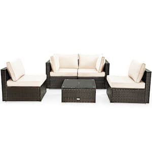 5-Piece Wicker Patio Conversation Set with Glass Table and White Cushions