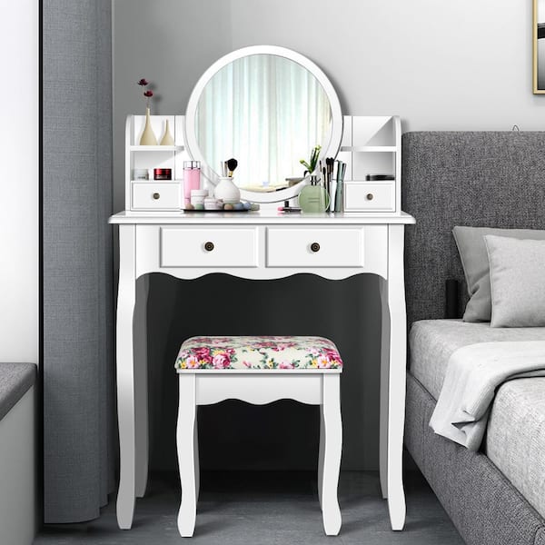 4-Drawer White Vanity Table Set Cushioned Seat Dressing Furniture with Oval Mirror