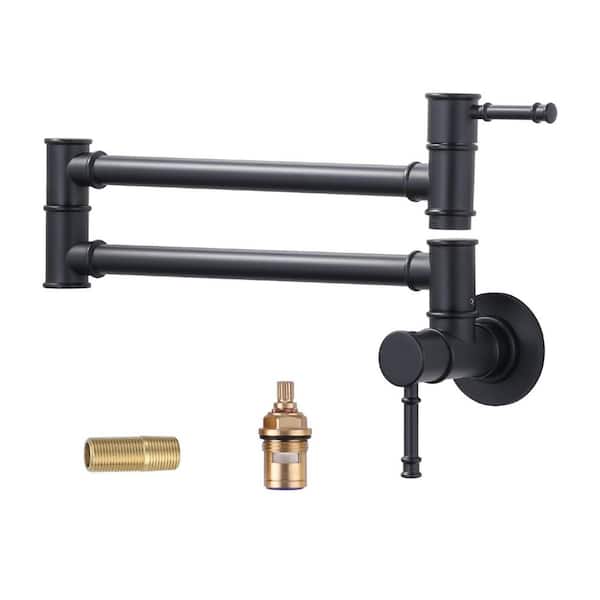 23.5-inch Wall Mount Folding Stretchable Pot Filler with Double Handle in Matte Black