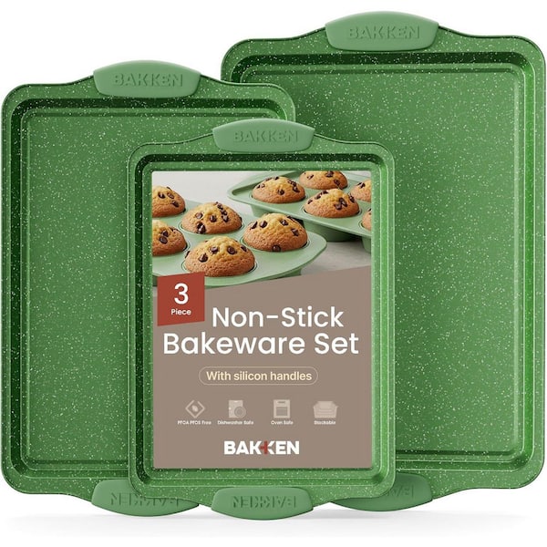 3-Piece Nonstick Green Marble Coating, Carbon Steel Bakeware Sets with Green Silicone Handles