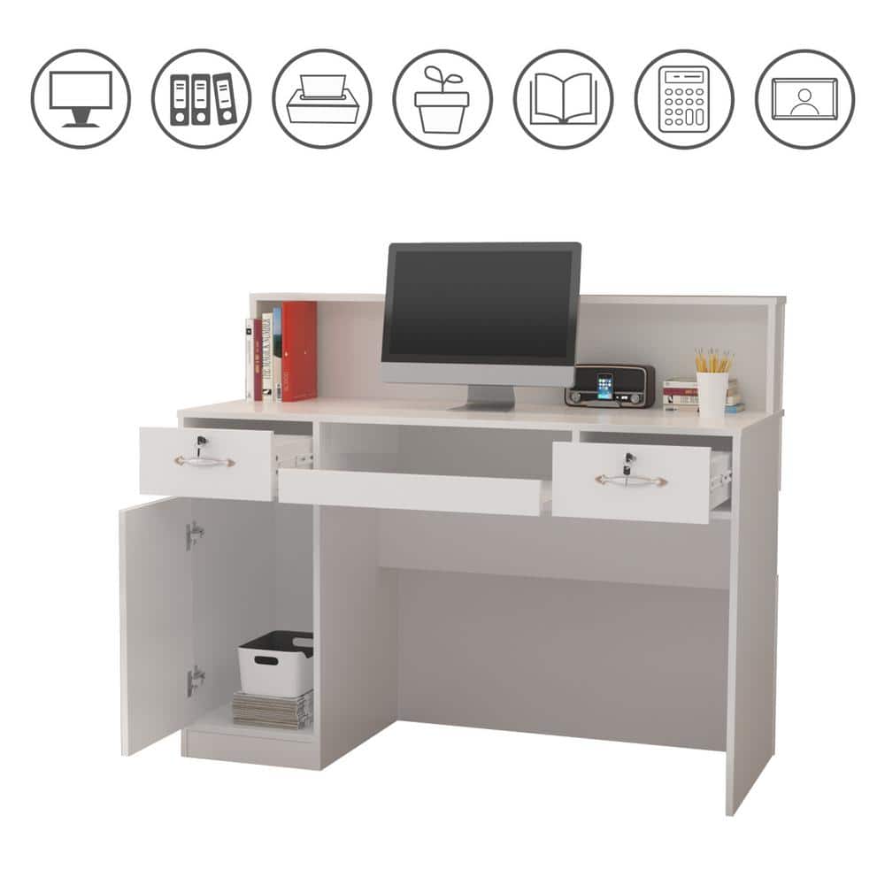 47.2" W : White Finish 2-Drawer Wooden Commercial Writing Desk with Keyboard Tray and Eco-Friendly Paint Finish - Thumbnail 3