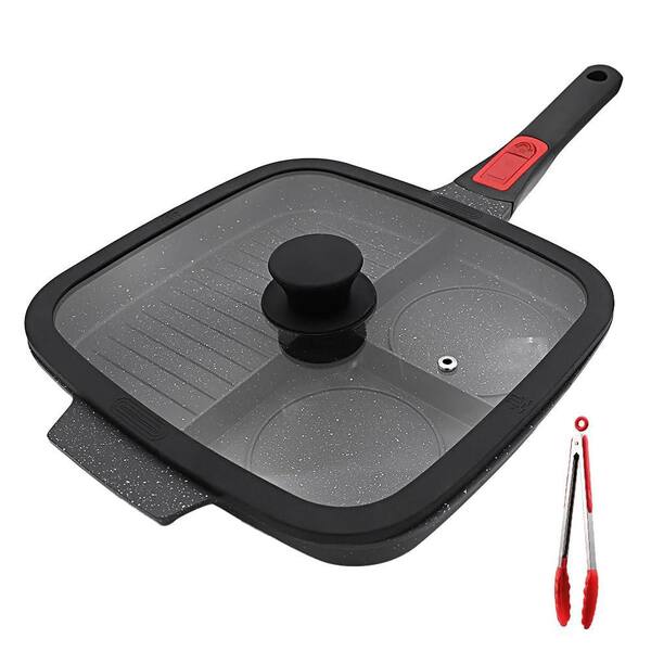 3 Section Grill Pan for Stove Tops with Detachable Handle, Nonstick Versatile Griddle Pan with Lid, PFOA Free, Black