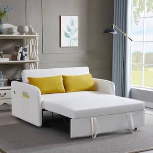 55.5 in. Cream White Polyester Twin Size Sofa Bed with 2 Pillows, USB Socket and Side Pockets