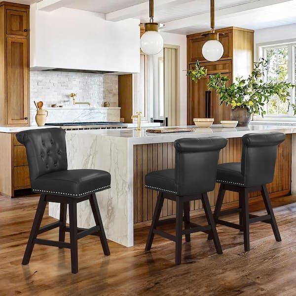 cozyman 26 in. Black Faux Leather Swivel Barstool Solid Wood Counter Stool with Nail head Trim and Tufted Backrest Set of 3