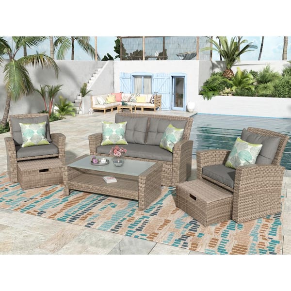 Unbranded 7-Set All Weather Wicker Patio Furniture Outdoor Sectional sofe Conversation Set With Table & Ottoman and Gray Cushions