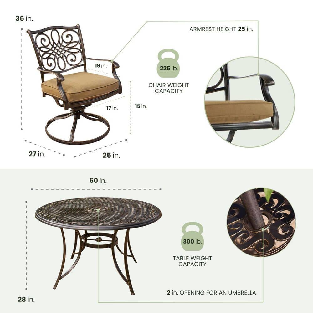 Hanover 7-Piece Tan Aluminum Outdoor Dining Set with Swivel Rockers