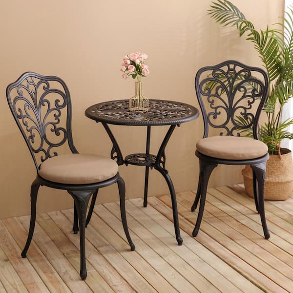 Black 3-Piece Metal Outdoor Bistro Set with Brown Cushion, Outdoor Rust-Resistant Cast Aluminum Patio Bistro Set